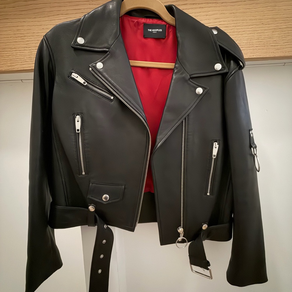 The Kooples Black Leather Moto Jacket with Red Lining